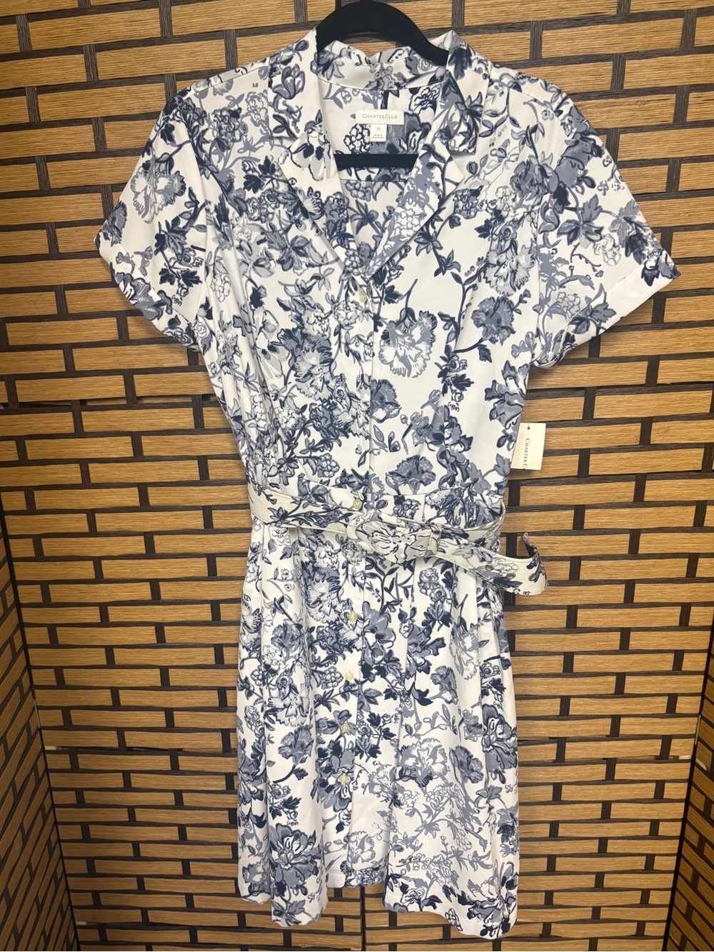Charter club white and blue floral belted dress size 12